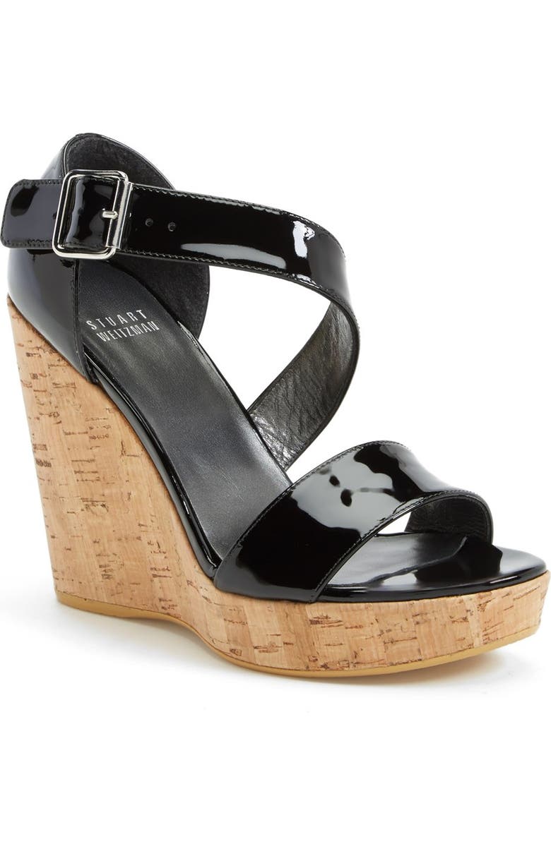 Stuart Weitzman 'Oneliner' Patent Leather Wedge Sandal, Main, color,