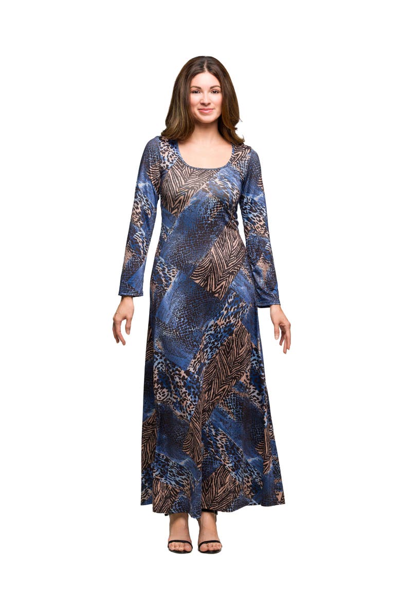 Animal Print Long Sleeve Scoop Neck Maxi Dress, Main, color, Blue Multi