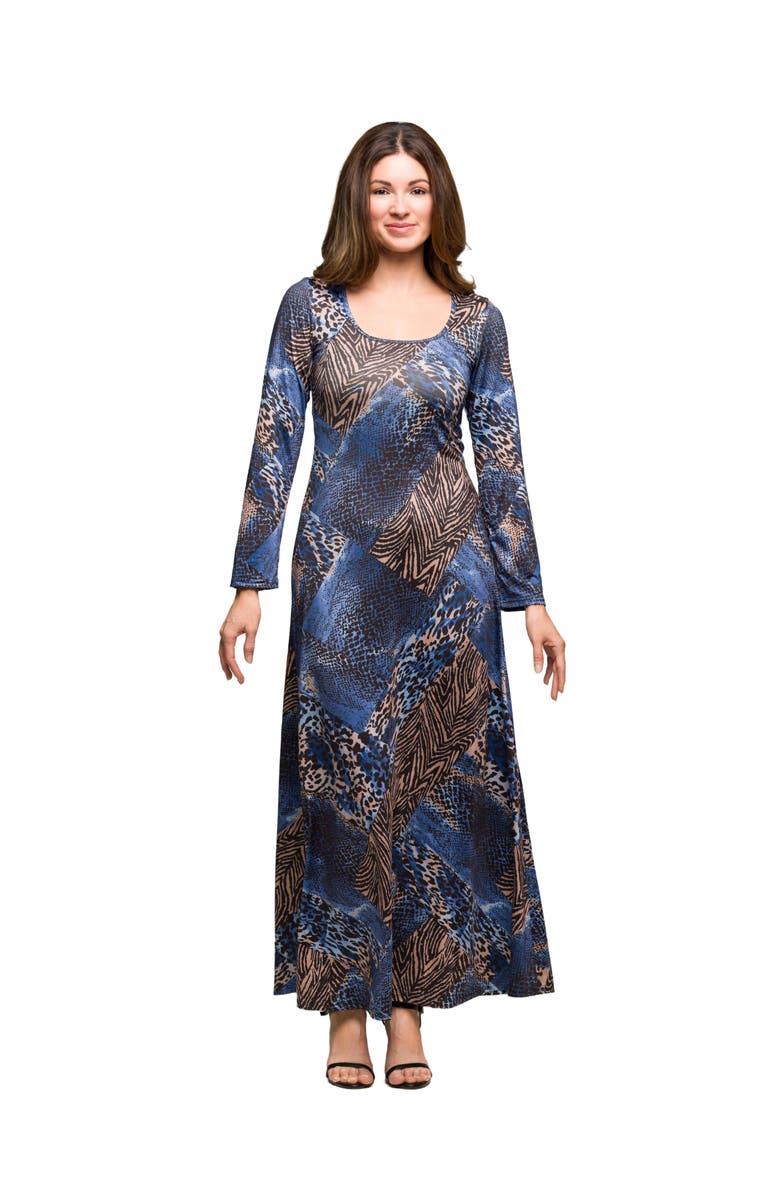 24seven Comfort Apparel Animal Print Long Sleeve Scoop Neck Maxi Dress, Main, color, Blue Multi