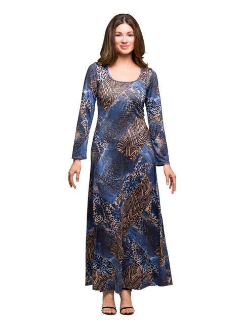Animal Print Long Sleeve Scoop Neck Maxi Dress