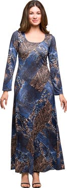 24seven Comfort Apparel Animal Print Long Sleeve Scoop Neck Maxi Dress