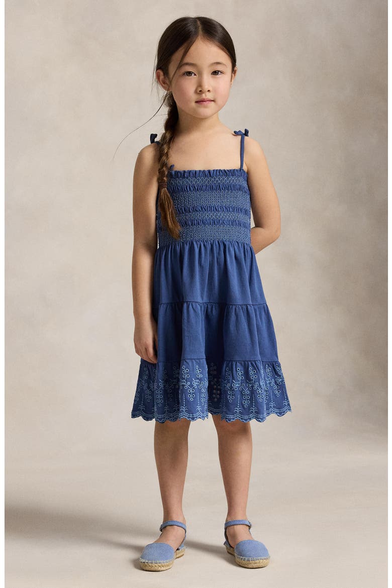 Kids' Smock Bodice Cotton Eyelet Sundress, Alternate, color, EARTH BLUE