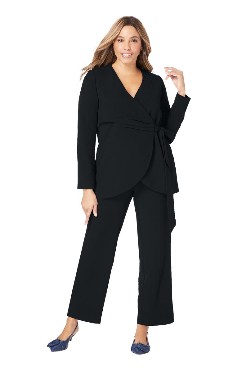 Jessica London 2-Piece Faux Wrap Pantsuit, Main, color, Black