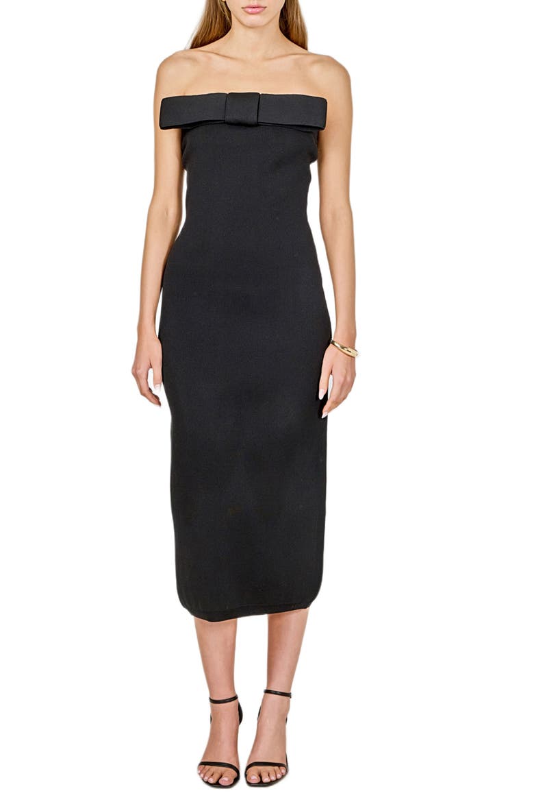 Bow Strapless Midi Cocktail Dress, Main, color, BLACK