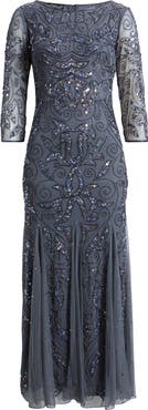 Pisarro Nights Illusion Sleeve Beaded A-Line Gown