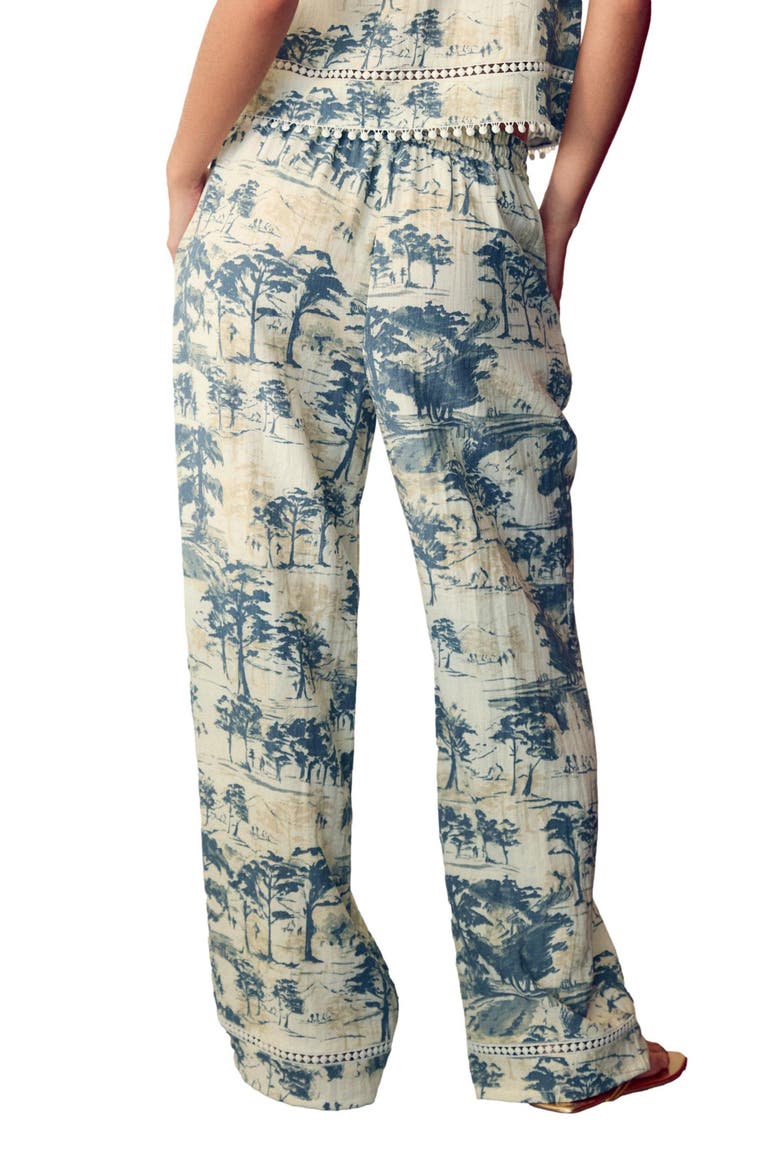 Tree Print Wide Leg Drawstring Pants, Alternate, color, WHITE/ BLUE