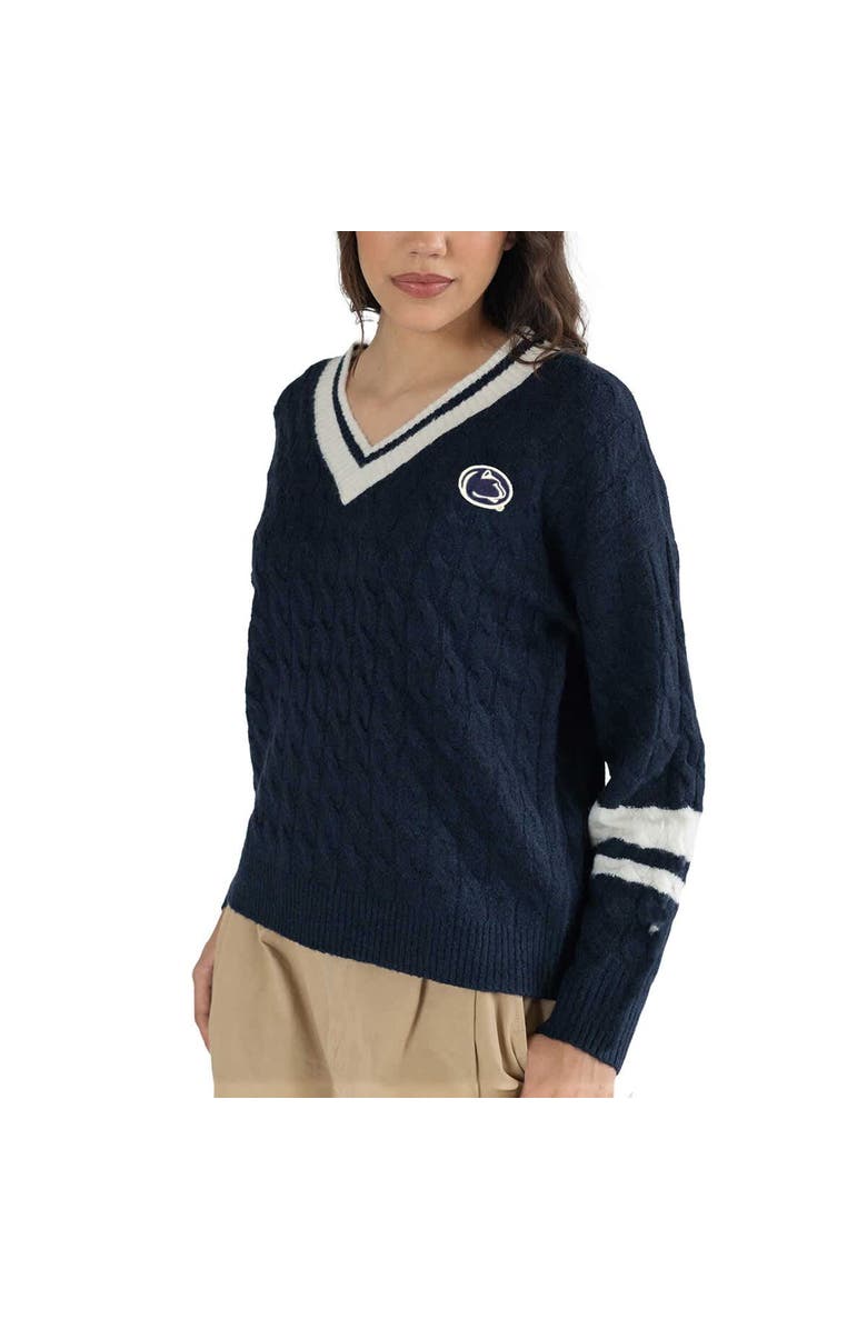 LUSSO Women's Lusso Navy Penn State Nittany Lions Stella Cable Knit V-Neck Pullover Sweater, Alternate, color,