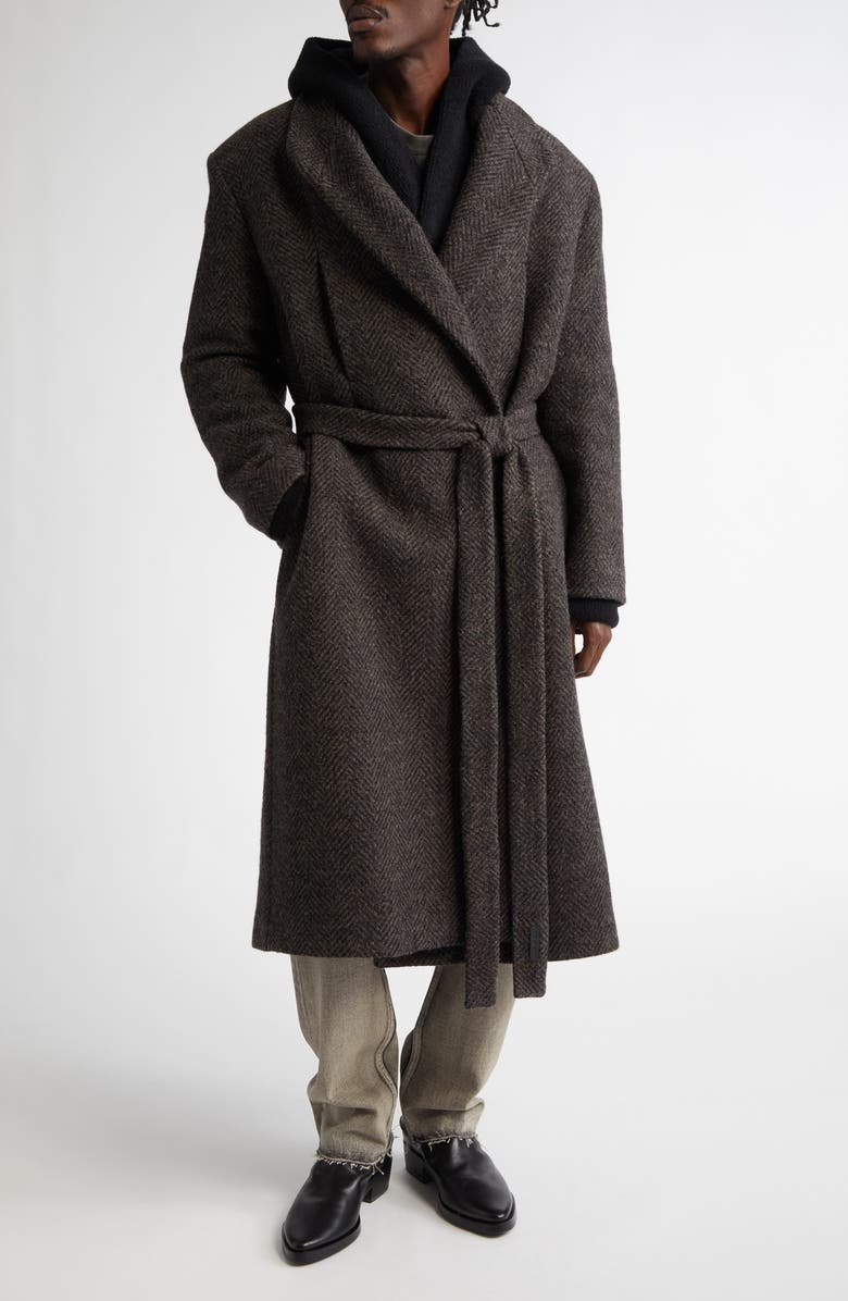 Fear of God Herringbone Belted Virgin Wool Coat, Main, color, Mocha