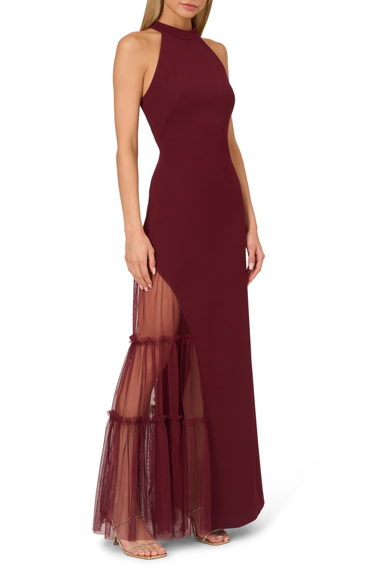 Stretch Mesh & Knit Crepe Gown, Main, color, BLACKENED RED