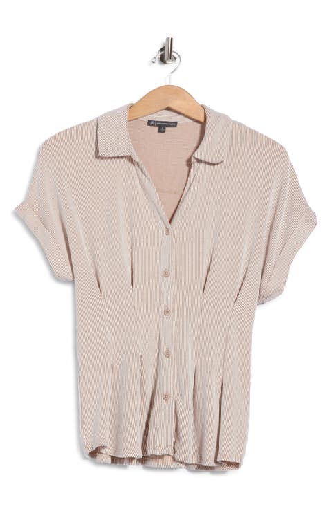 Microstriped Button Front Knit Top