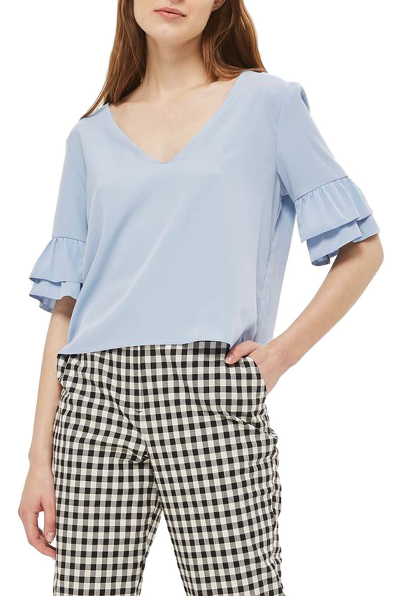 Tie Back Ruffle Sleeve Top, Main, color, LIGHT BLUE