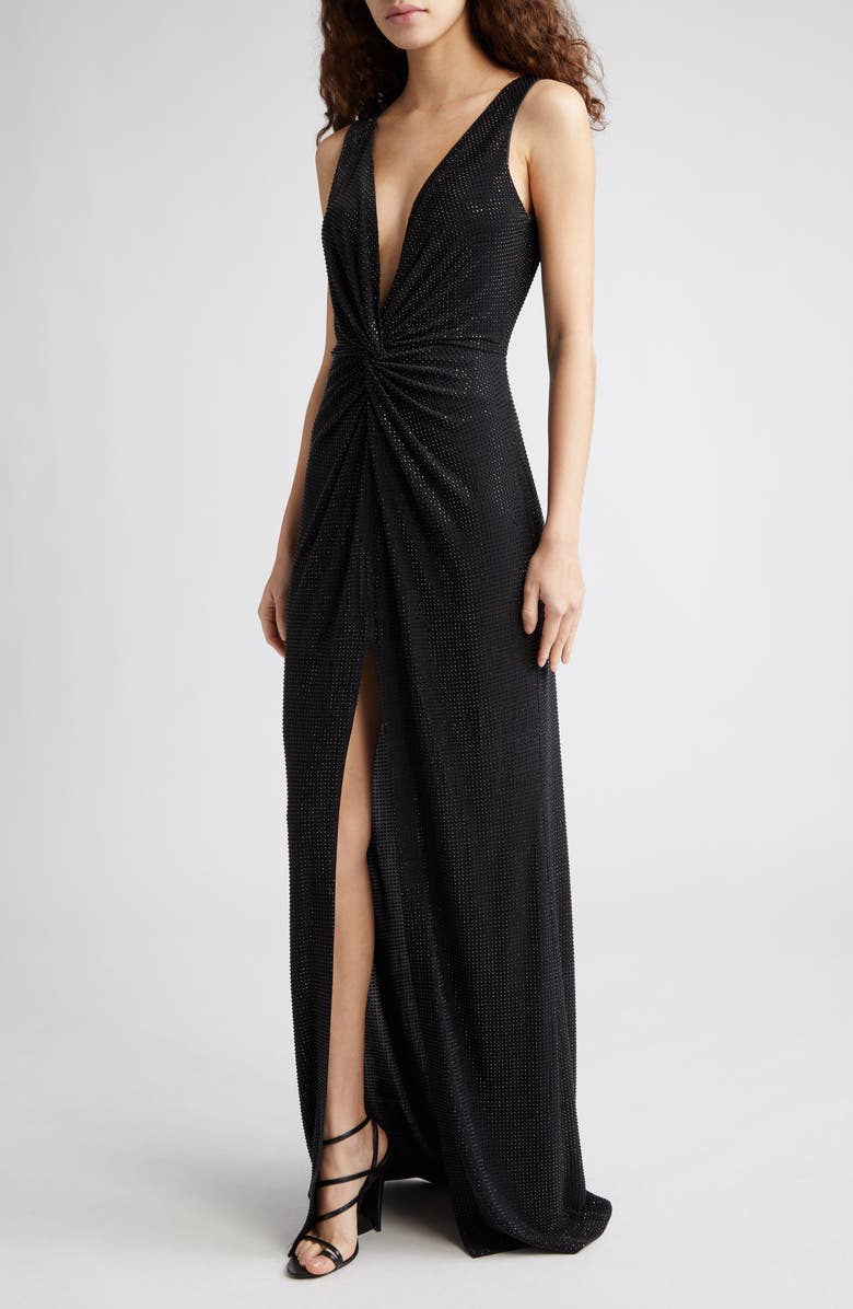 Ramy Brook Rosalyn Studded Plunge Neck Gown, Main, color, Black