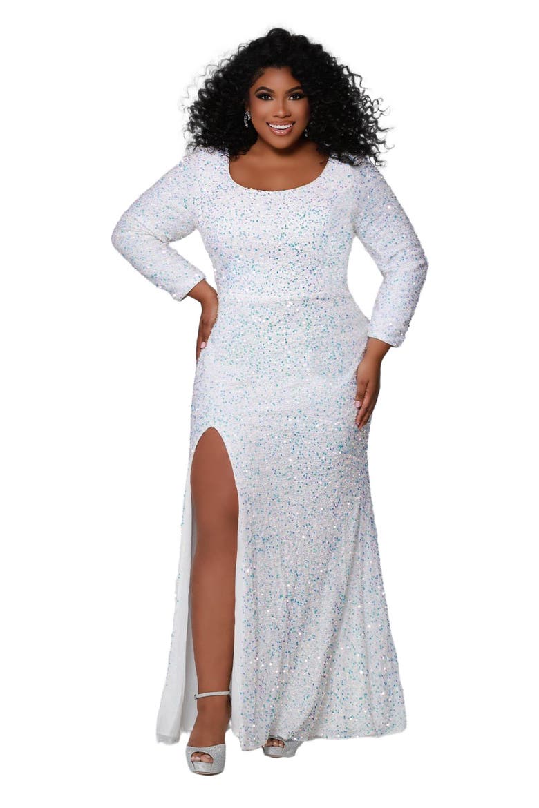 Long Sleeve Fitted Scoop Neck Sequin Plus Size Gown, Main, color, Pearlescent