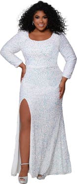 Sydney's Closet Long Sleeve Fitted Scoop Neck Sequin Plus Size Gown