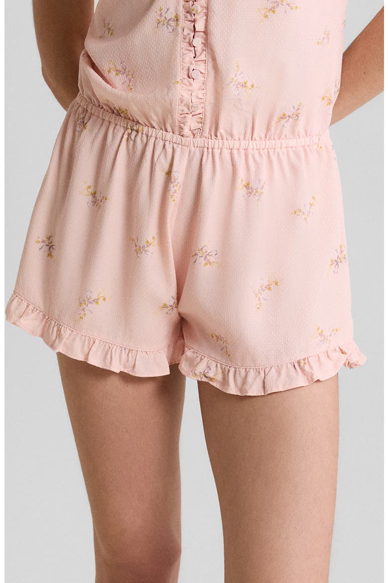 Solia Floral Swiss Dot Ruffle Trim Sleep Romper, Main, color, IMP FOND ROSE