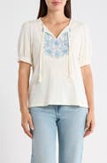 Lucky Brand Embroidered Tie Front Top