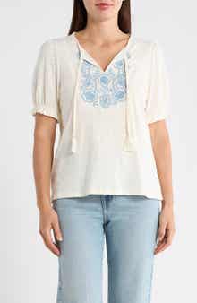 Embroidered Tie Front Top
