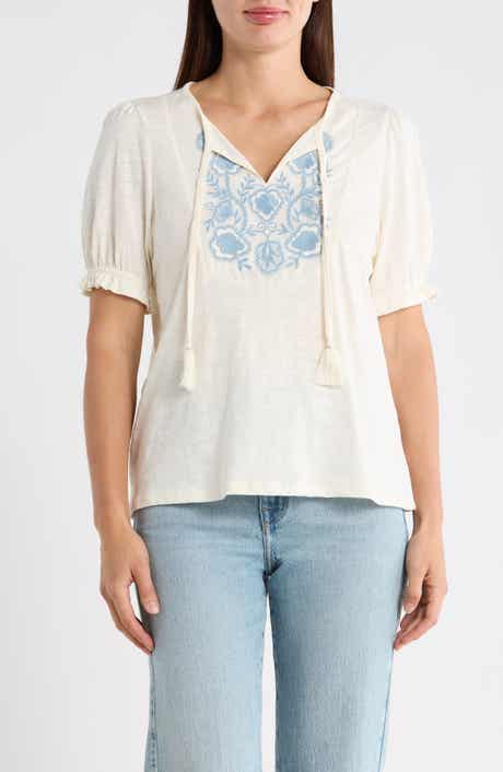 Embroidered Tie Front Top