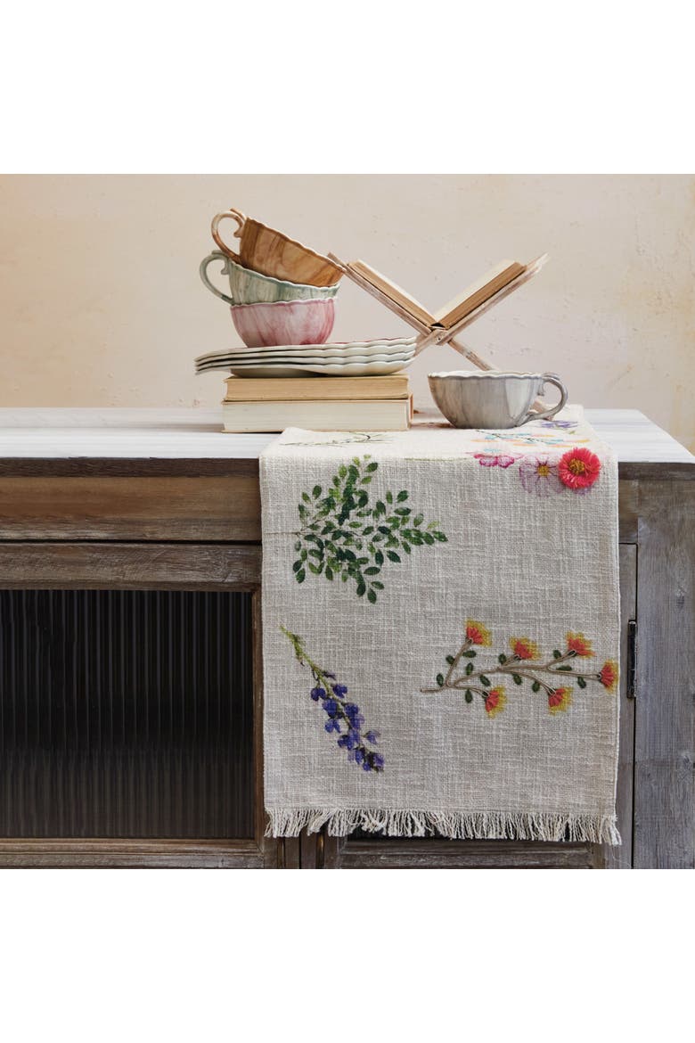 Long Slub Printed Rectangle Table Runner with Flowers, Embroidery and Fringe, Multicolor, Alternate, color, White