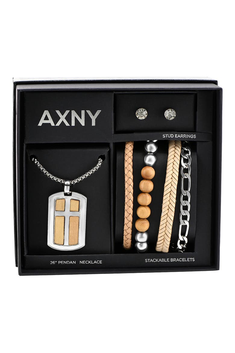 Men's Necklace, Bracelets & Earrings Gift Set, Main, color, SILVER/ BROWN