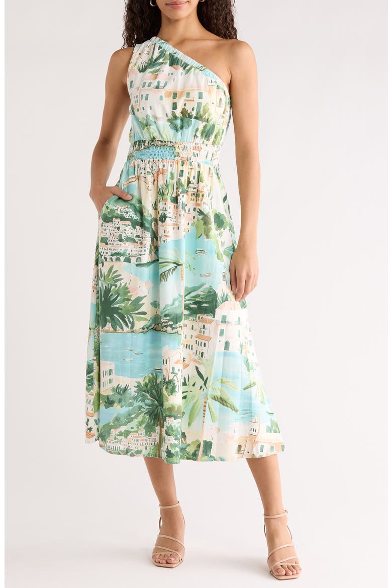 Piti Town Islay Smocked One-Shoulder Midi Dress, Main, color, AQUA-MULTI