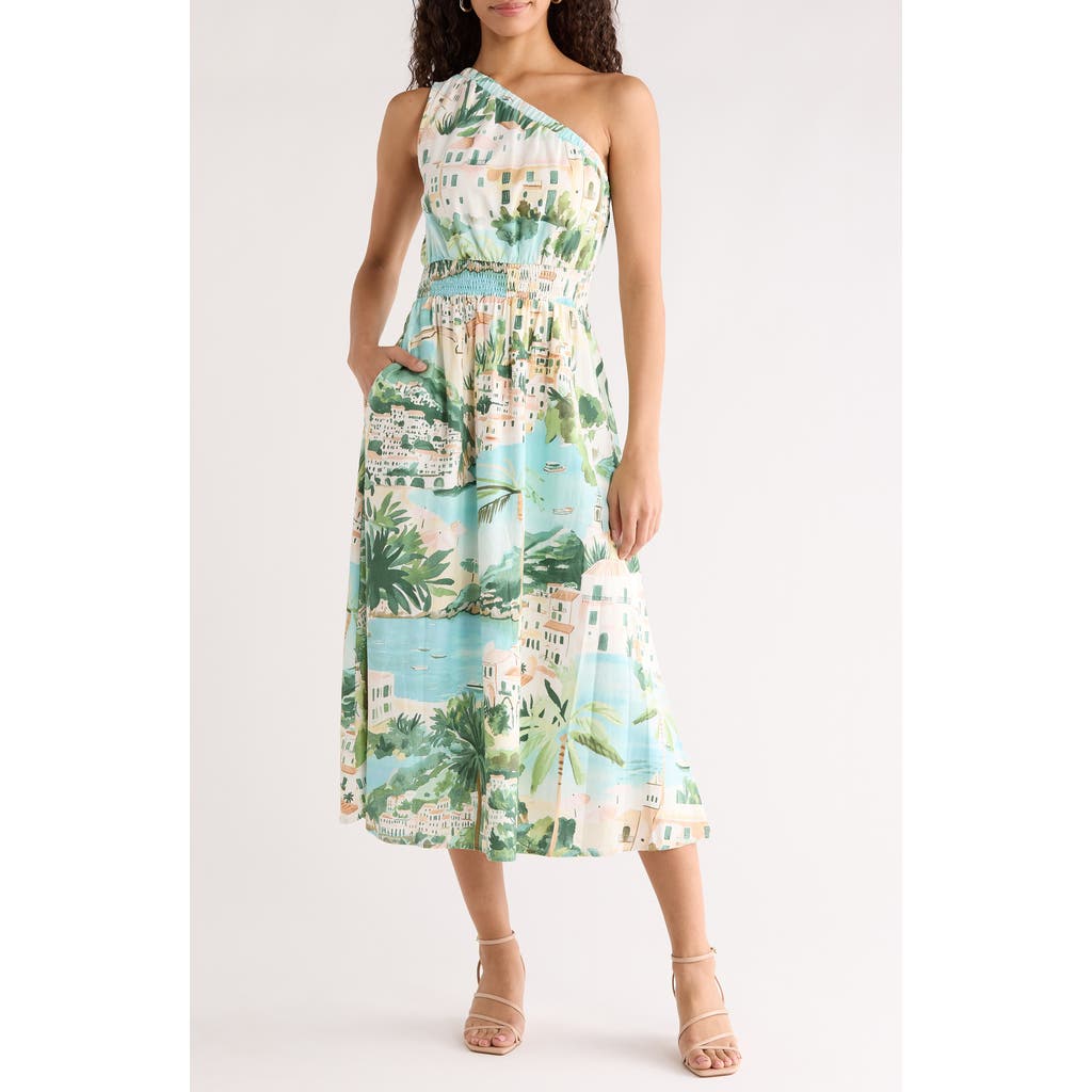 SUGARLIPS Piti Town Islay Smocked One-Shoulder Midi Dress in Aqua-Multi at Nordstrom, Size Small
