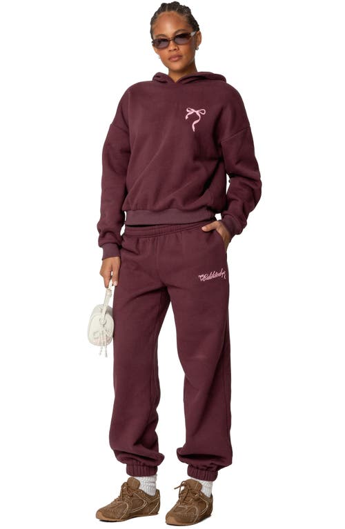 Shop Edikted Sasha Bow Detail Sweatpants In Burgundy