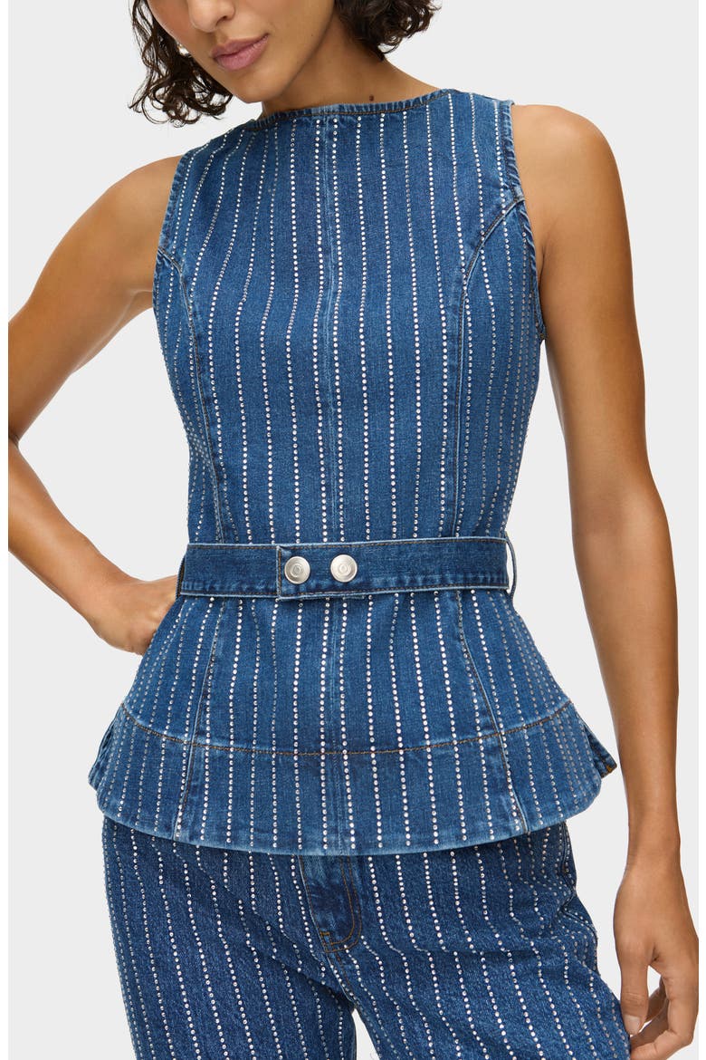 Trish Dimante Belted Denim Peplum, Main, color, MID BLUE