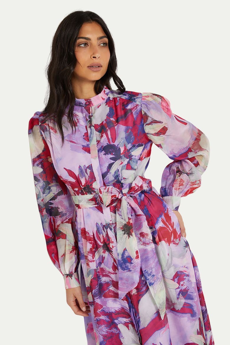 Floral Print Organza Midi Shirt Dress, Alternate, color, Pink