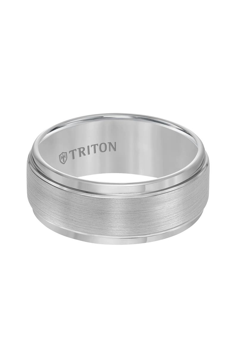 Triton 9MM Tungsten Carbide Ring with Brushed Finish and Step Edge, Main, color, Metallic Silver