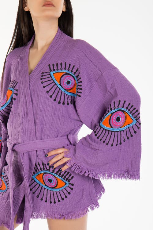 Forever & Always Shoes Sereia Evil Eye Handmade Cotton Short Kimono In Purple
