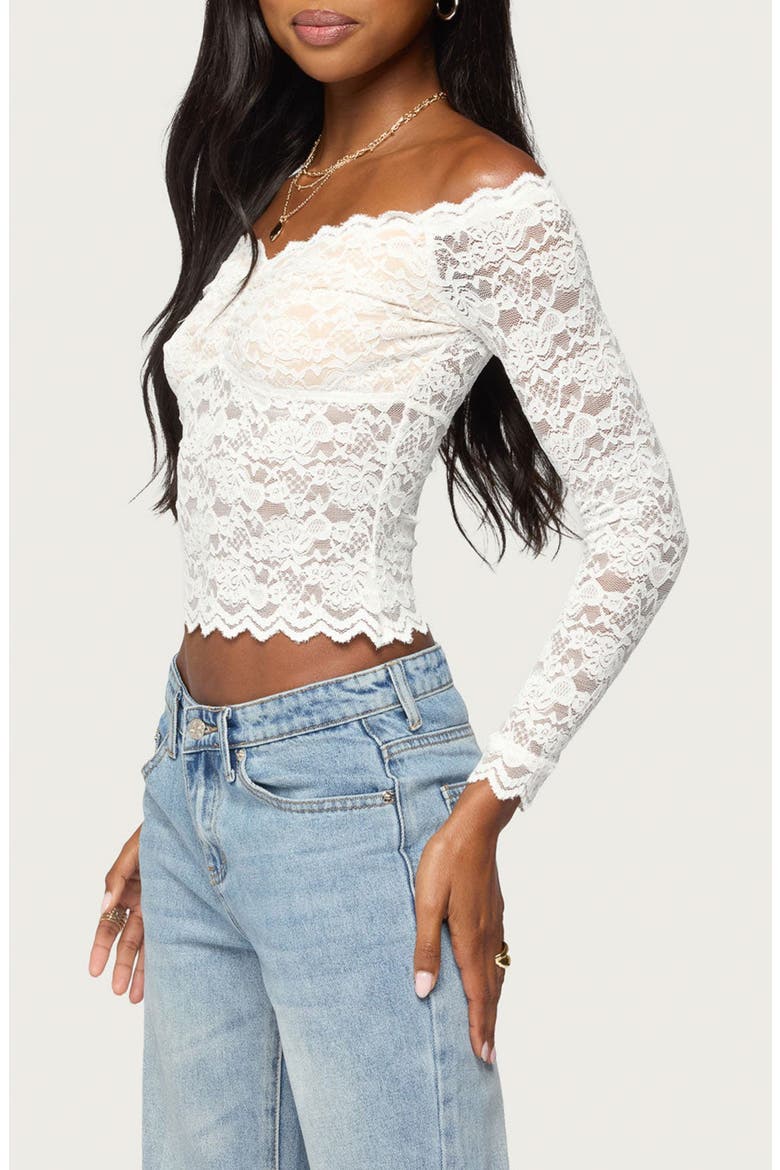 Thaia Sheer Lace Off the Shoulder Top, Alternate, color, WHITE