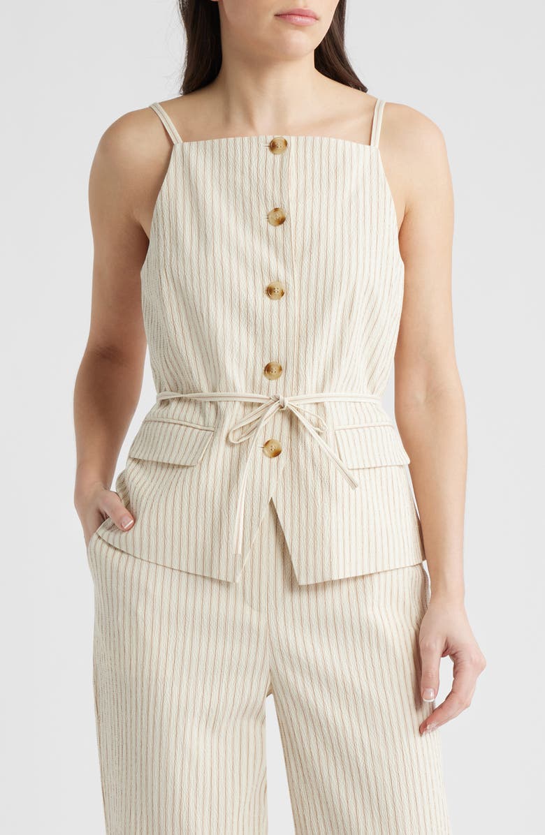 Bernardo Pinstripe Tie Waist Top, Main, color, Ivory/ Gold Oak Stripe