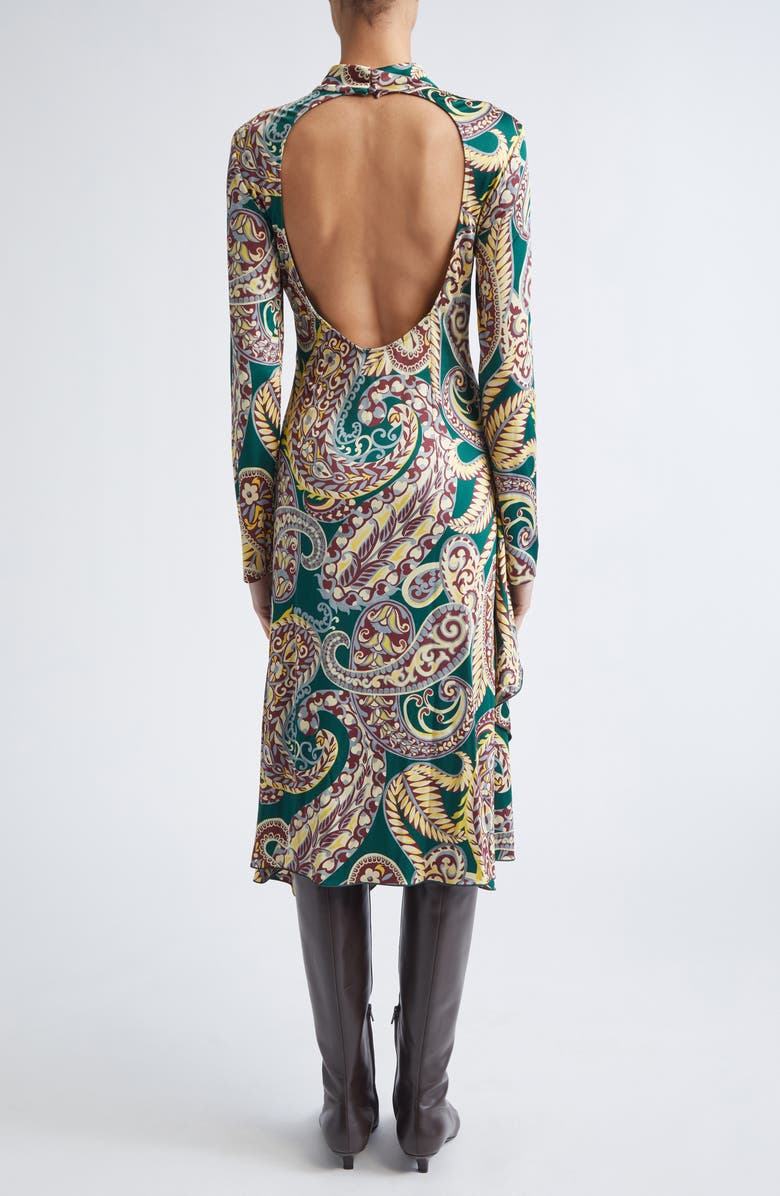 Etro Paisley Long Sleeve Open Back Midi Dress, Alternate, color, Stampa Fondo Verde