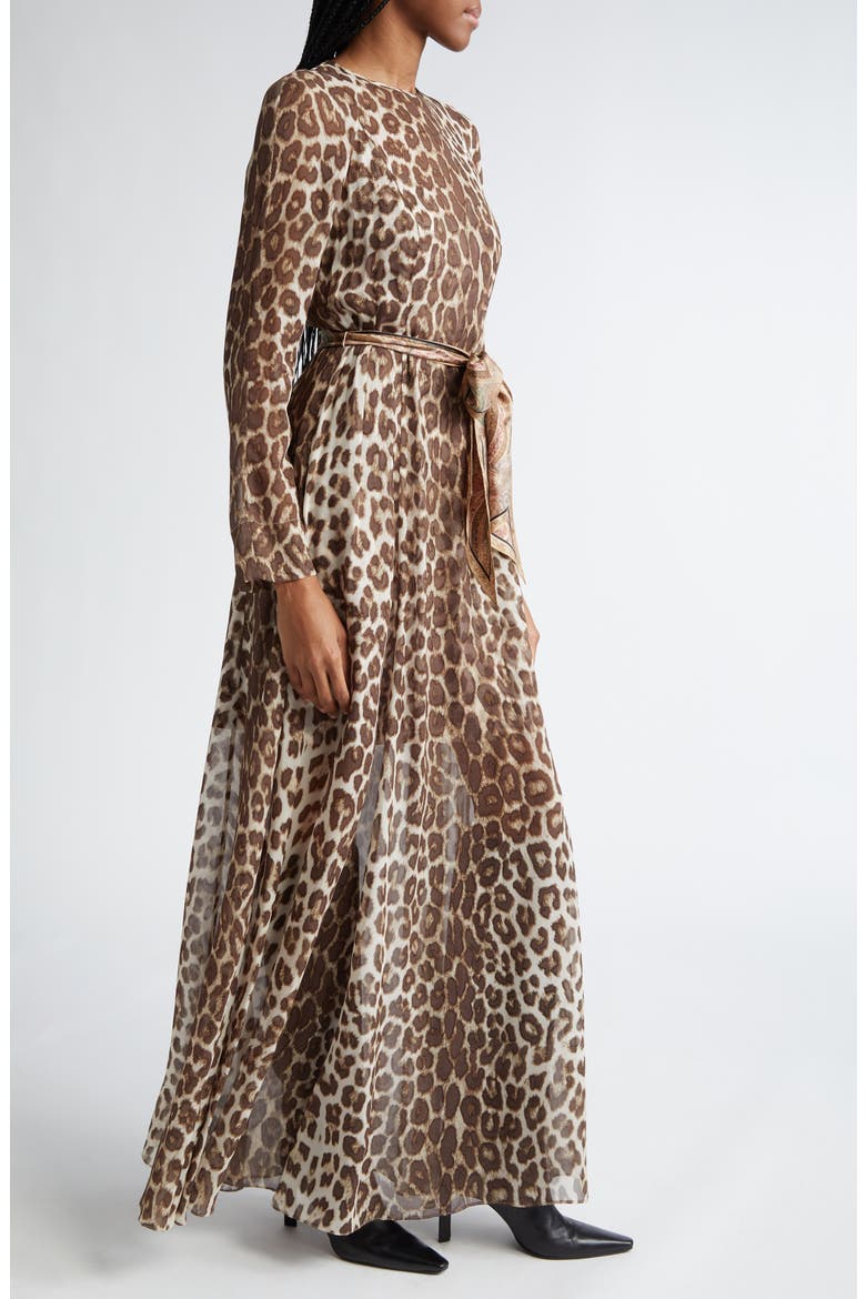 Illustration Leopard Print Belted Long Sleeve Maxi Dress, Alternate, color, CHOCOLATE LEOPARD