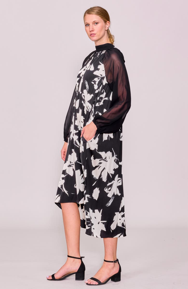 MELLODAY Pleated Mixed Media Dress, Alternate, color, Black/ White Floral