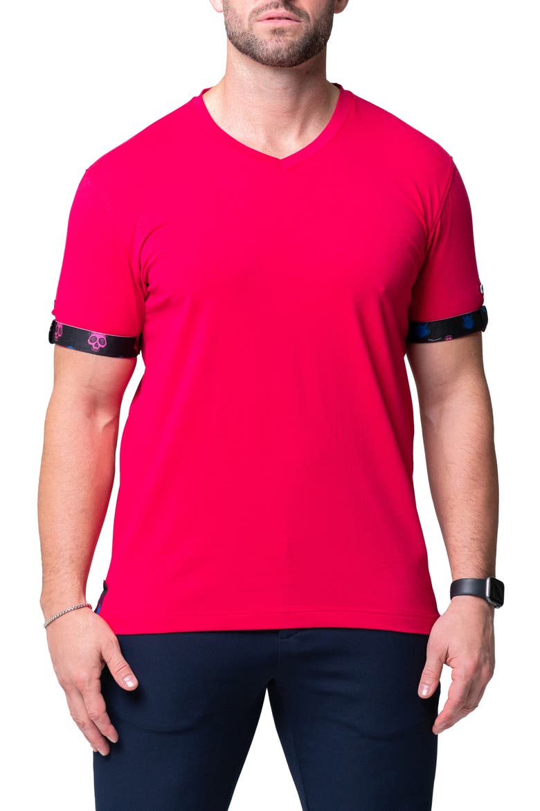 Vivaldi Solid Skull Fuchsia Pink V-Neck Cotton T-Shirt, Main, color, PINK
