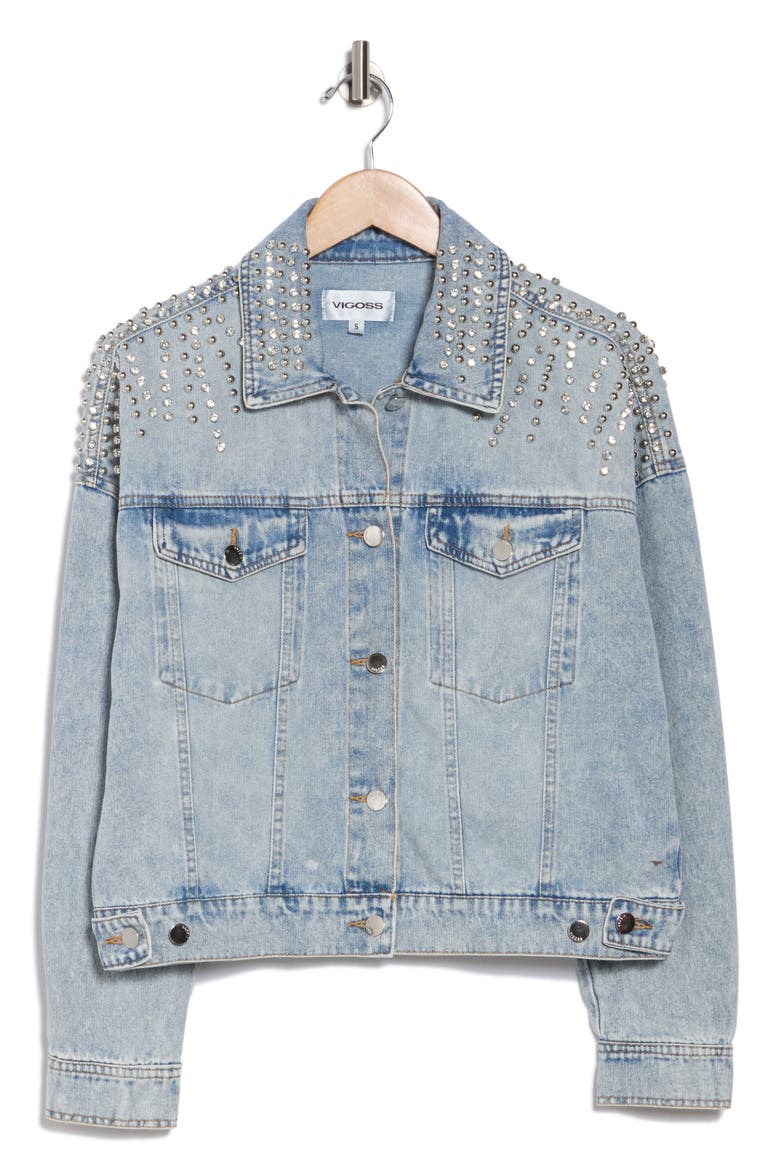 Top Crystal Embellishment Denim Jacket, Alternate, color, LIGHT WASH