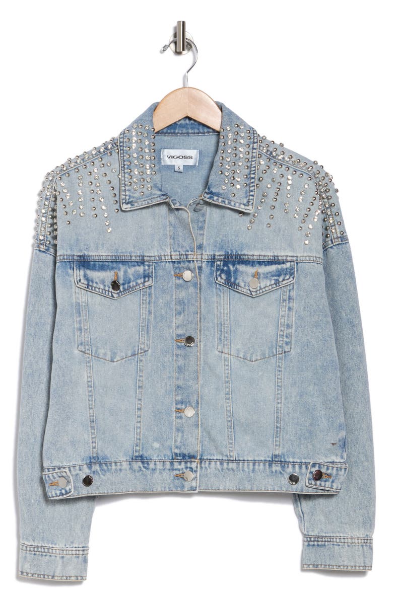 Vigoss Top Crystal Embellishment Denim Jacket, Alternate, color, 