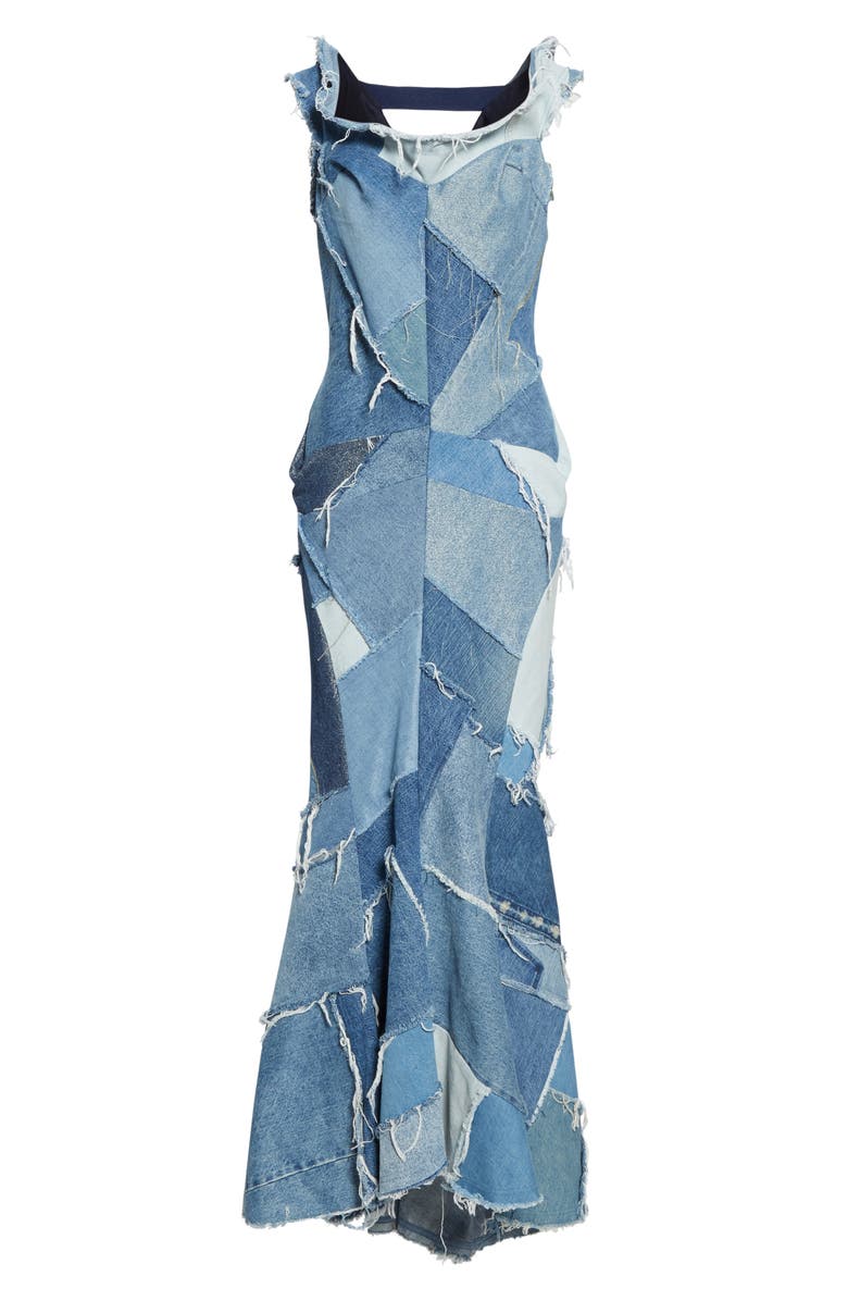 Junya Watanabe Denim Patchwork Off the Shoulder Mermaid Dress, Alternate, color,