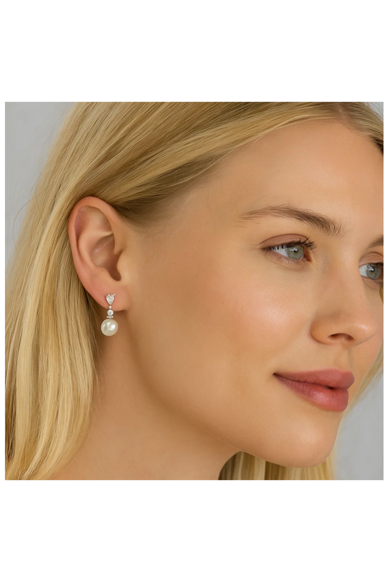 Pearl Drop Earrings with Cubic Zirconia  Accents Earrings, Alternate, color, Silver