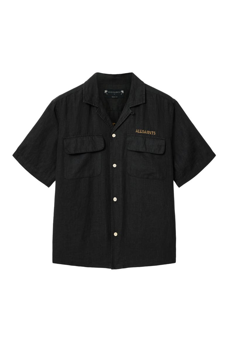 Dunloe Embroidered Linen Button-Up Camp Shirt, Alternate, color, JET BLACK
