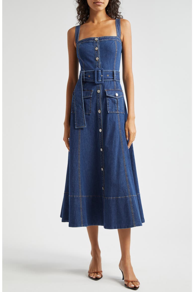 Vega Belted Sleeveless Denim Fit & Flare Midi Dress, Main, color, MEDIUM WASH