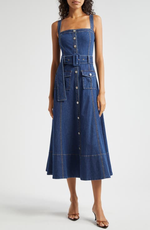 Vega Belted Sleeveless Denim Fit & Flare Midi Dress