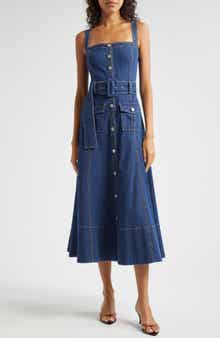 Cinq à Sept Vega Belted Sleeveless Denim Fit & Flare Midi Dress
