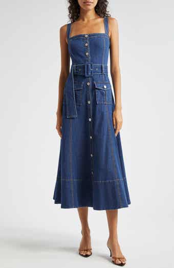 Cinq à Sept Vega Belted Sleeveless Denim Fit & Flare Midi Dress
