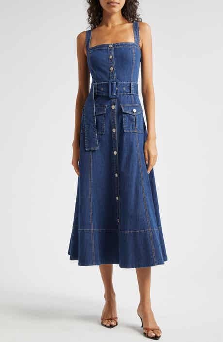 Cinq à Sept Vega Belted Sleeveless Denim Fit & Flare Midi Dress