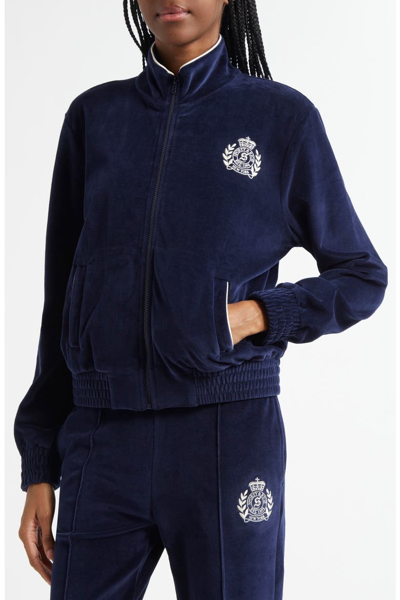 NY Crest Embroidered Velour Track Jacket, Alternate, color, NAVY
