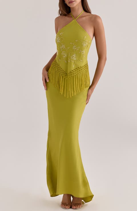 Sareena Bead Embellished Fringe Halter Dress