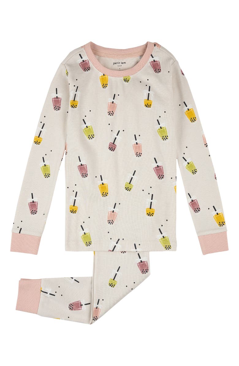 Petit Lem Kids' Bubble Tea Print Fitted Two-Piece Organic Cotton Rib Pajamas, Main, color,